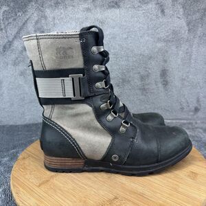 Sorel Boots Womens Size 7.5 Black Gray Major Lace Side Zip Combat Moto Ankle